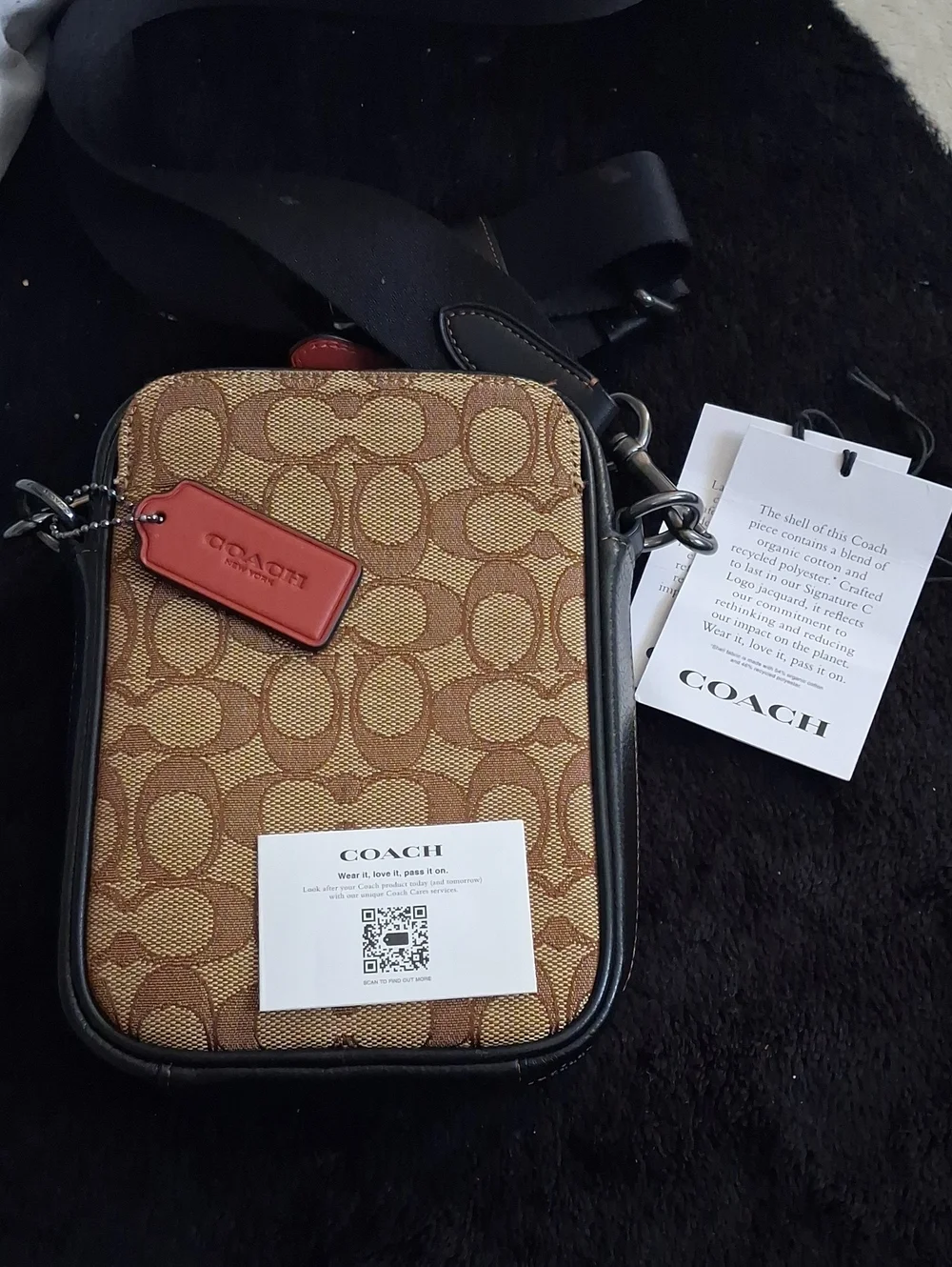 Coach Brown Signature Canvas Messenger Bag with Red Leather Tag